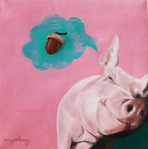 Éhes disznó makkal álmodik (20x20 cm, akril vásznon)